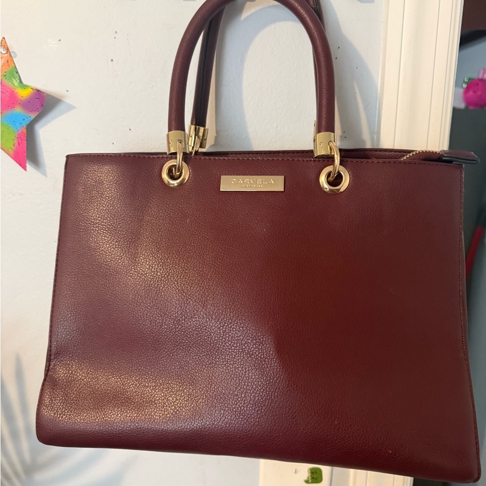 Saks Fifth Avenue Maroon Structured Satchel with Gold Hardware